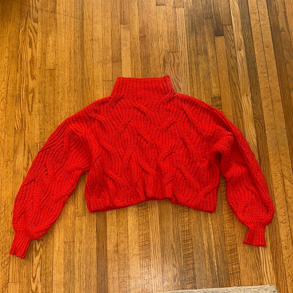 Free People Vibrant Red Cropped Cable Knit Turtleneck Sweater